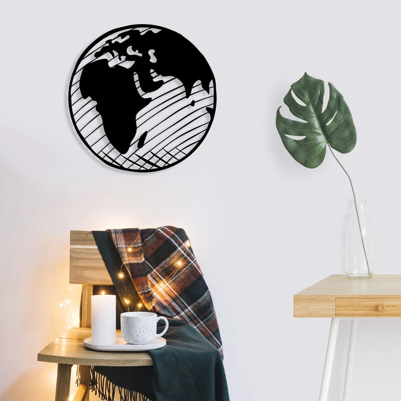 Image of Decortie Modern Metal Wall Art Our Planet Theme Home Ornament Decorative Minimalist Design Hanging Wall Sculpture, Black