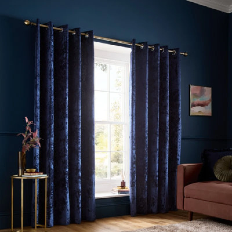 Image of Catherine Lansfield Crushed Velvet 66X54" Lined Eyelet Curtains Two Panels Navy Blue