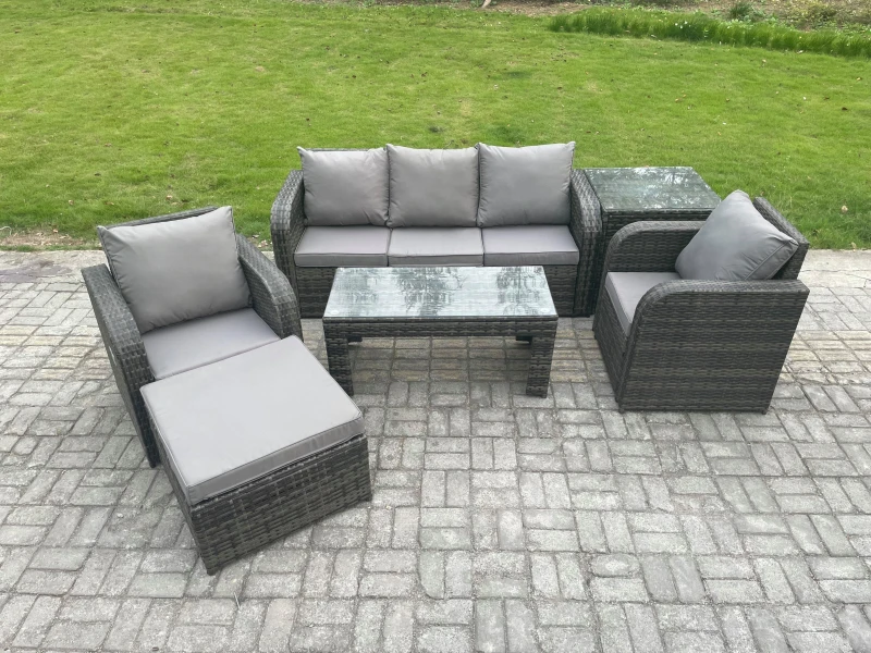 Image of Fimous Wicker PE Rattan Garden Furniture Set Outdoor Lounge Sofa Set with Reclining Chair Coffee Table Side Table Dark Grey