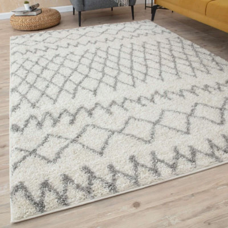 Image of THE RUGS Soft Tangier Shaggy Rugs & Runners Ivory & Grey Living Room Size: 120cm x 170cm Ivory Unisex 120cm x 170 cm