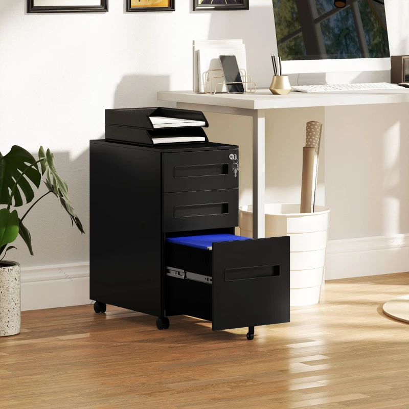 Image of VINSETTO VINSETTO 3 Drawer Metal File Cabinet w/ Lock for A4 Legal Letter 30 x 43.5 x 60cm in Black One Size Unisex 5063603679818