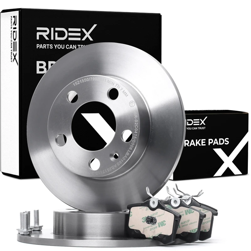 Image of RIDEX 3405B1145 Brake disc and pads set Rear Axle, Brake Disc Type: Solid, without integrated wear sensor Brake Set,disc brakes (3405)