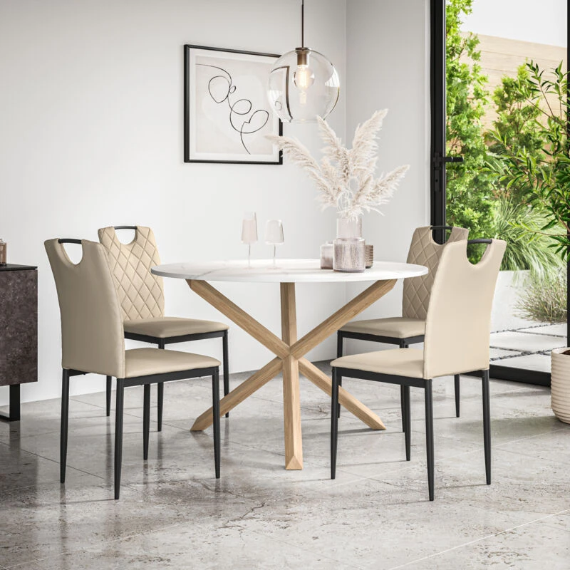 Image of More4Homes Malvern Round Dining Table & Chairs - Marble Table Top w Solid Oak Legs + Monza Faux Leather Dining Chair Set Of 4 in Beige Beige Unisex