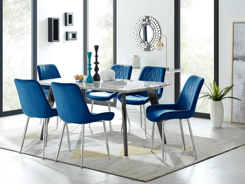 Image of FurnitureboxUK FurnitureboxUK Andria Marble Effect Dining Table With Black Legs & 6 Pesaro Velvet Silver Leg Chairs in Navy Navy One Size Unisex 50565