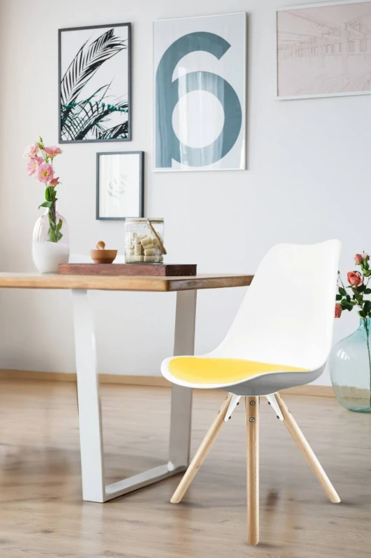 Image of Fusion Living Soho Plastic Dining Chair With Pyramid Light Wood Legs White & Yellow, Yellow FL2346