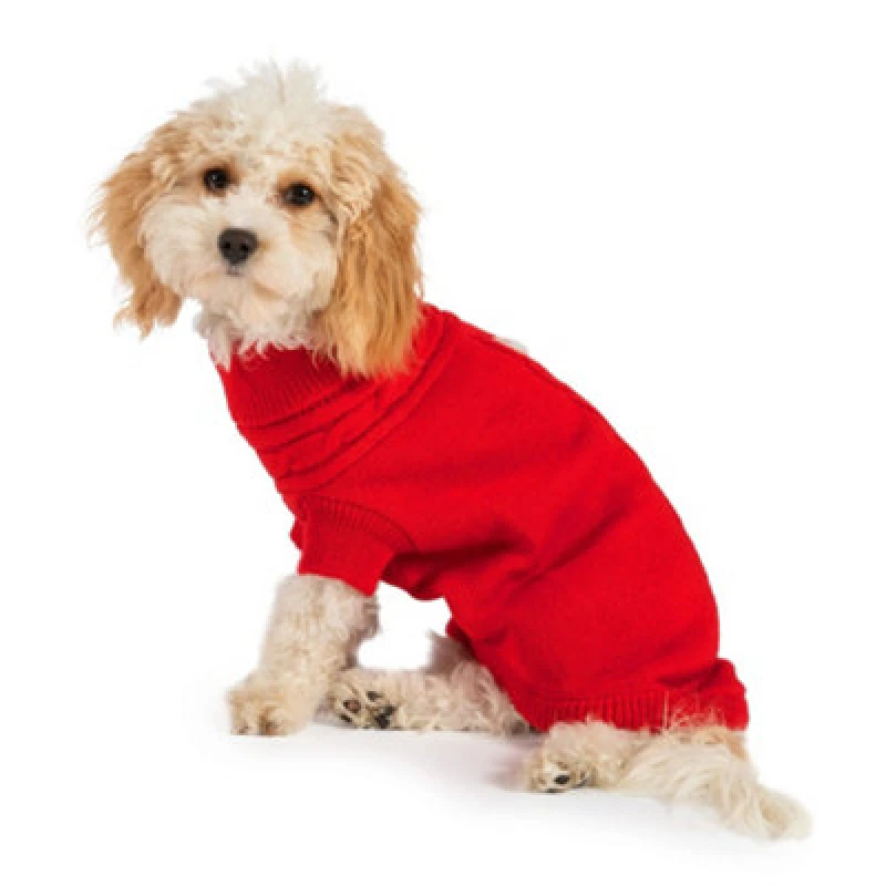 Image of Ancol Red Cable Knit Rolled Neck Warm Woollen 25cm Length XS Dog Jumper Red