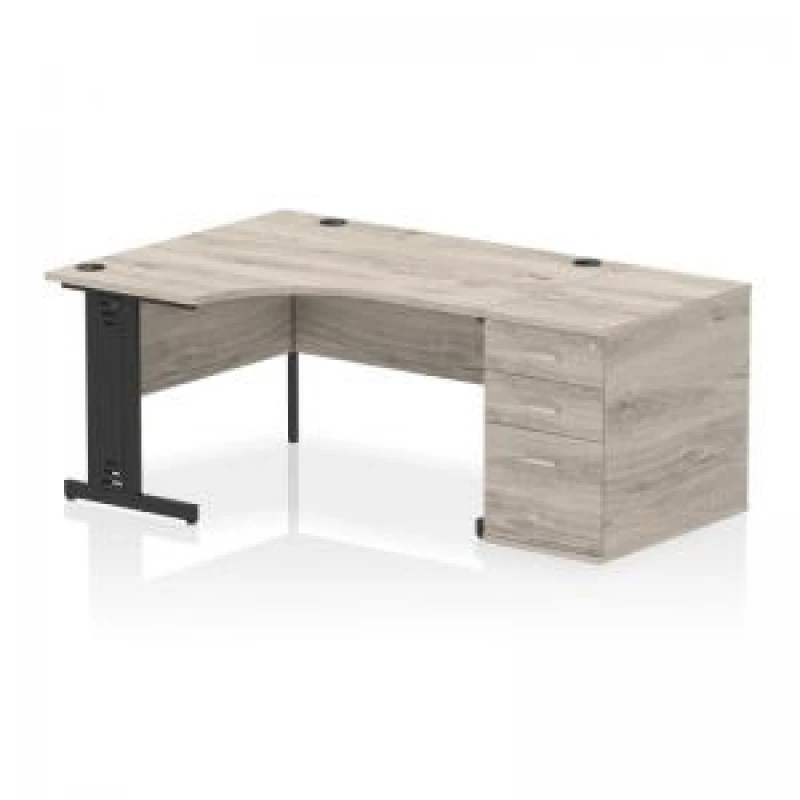 Image of Impulse Impulse 1400mm Left Crescent Office Desk Grey Oak Top Black Cable Managed Leg Workstation 800 Deep Desk High Pedestal IWSLC148BCMGRY
