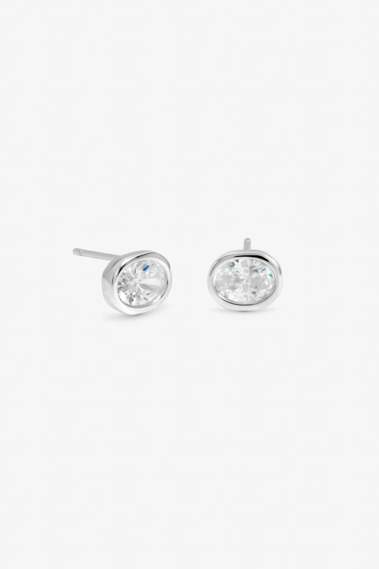 Image of Inicio Womens Sterling Silver Plated Oval Cubic Zirconia Bezel Studs - Gift Pouch Silver Female One Size