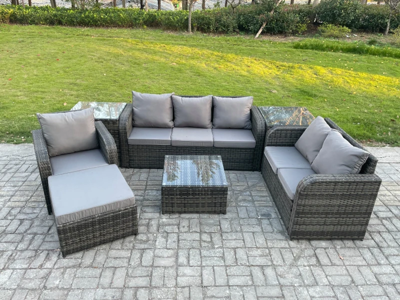 Image of Fimous Rattan Garden Furniture 7 Piece Patio Set With Table Sofa Square Coffee Table Reclining Chair Love seat sofa 2 Side Tables Dark Grey