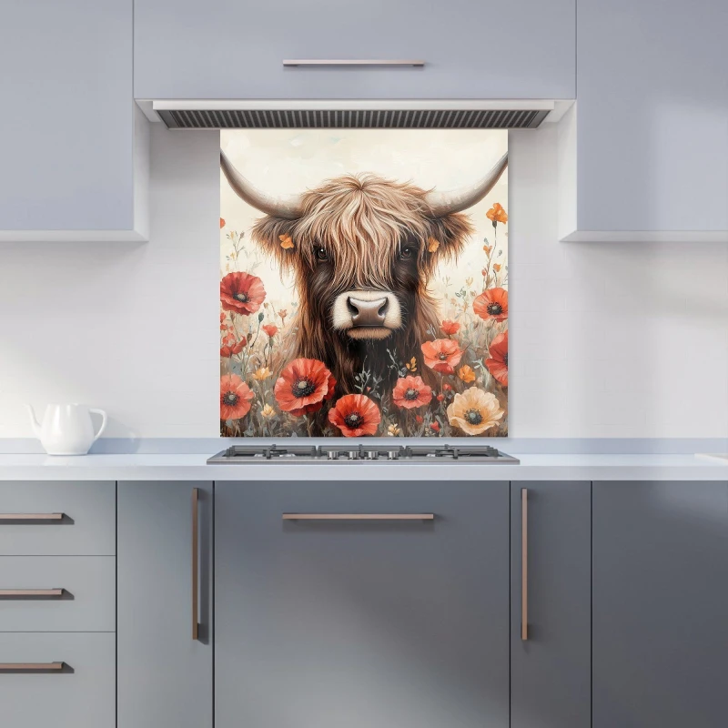 Image of Warren Reed - Designer Highland Cow & Summer Flowers Kitchen Splashback Size: 700mm x 650mm Multicolor Unisex 700mm x 650mm