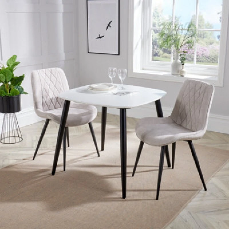 Image of Core Products Aspen White 80Cm Square Dining Table With 2 Light Grey Cord Fabric Diamond Stitch Design Chairs