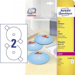 image of Avery-Zweckform CD labels L7760-25 Ø 117mm Paper White 50 pcs Permanent Photo quality, Opaque, Fully writable, Smearproof Laser