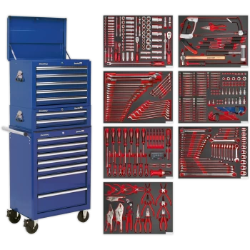 image of Sealey Superline Pro 14 Drawer Roller Cabinet, Mid and Top Tool Chests + 446 Piece Tool Kit Blue