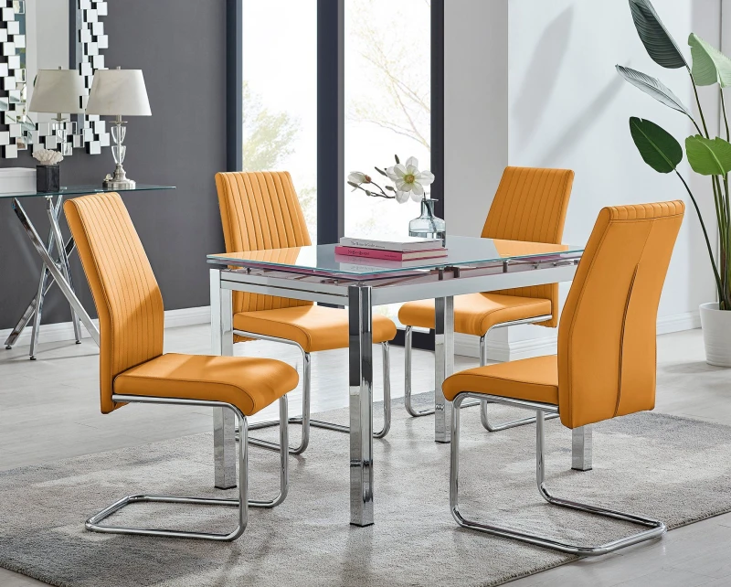 Image of FurnitureboxUK FurnitureboxUK Enna White Glass Extending 4-6 Seater Dining Table and 4 Lorenzo Faux Leather Chairs in Mustard Mustard One Size Unisex