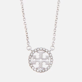 image of Tory Burch Womens Crystal Logo Delicate Necklace - Tory Silver