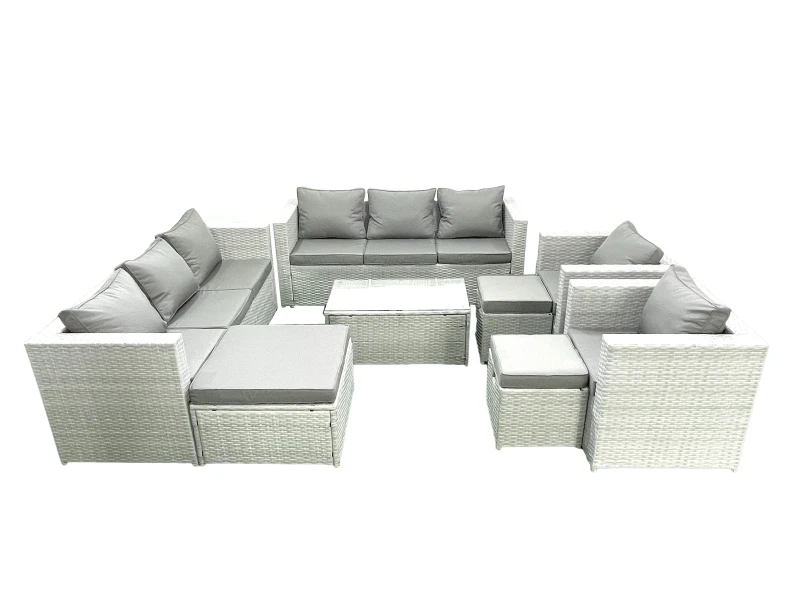 Image of Fimous Outdoor Rattan Sofa Garden Furniture Set with 2 Armchairs Oblong Coffee Table 3 Footstools Light Grey Mixed Light Grey