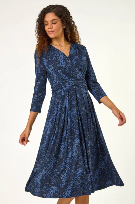 Image of Roman Womens Animal Print Mock Wrap Midi Dress in Blue Size: 18 Blue Female 18