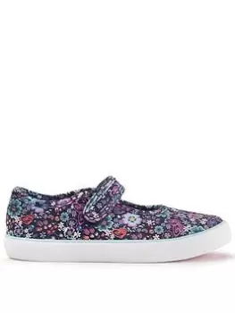 Start-rite Busy Lizzie Girls Navy Floral Riptape Summer Canvas Shoes - Blue Size 8.5 Younger