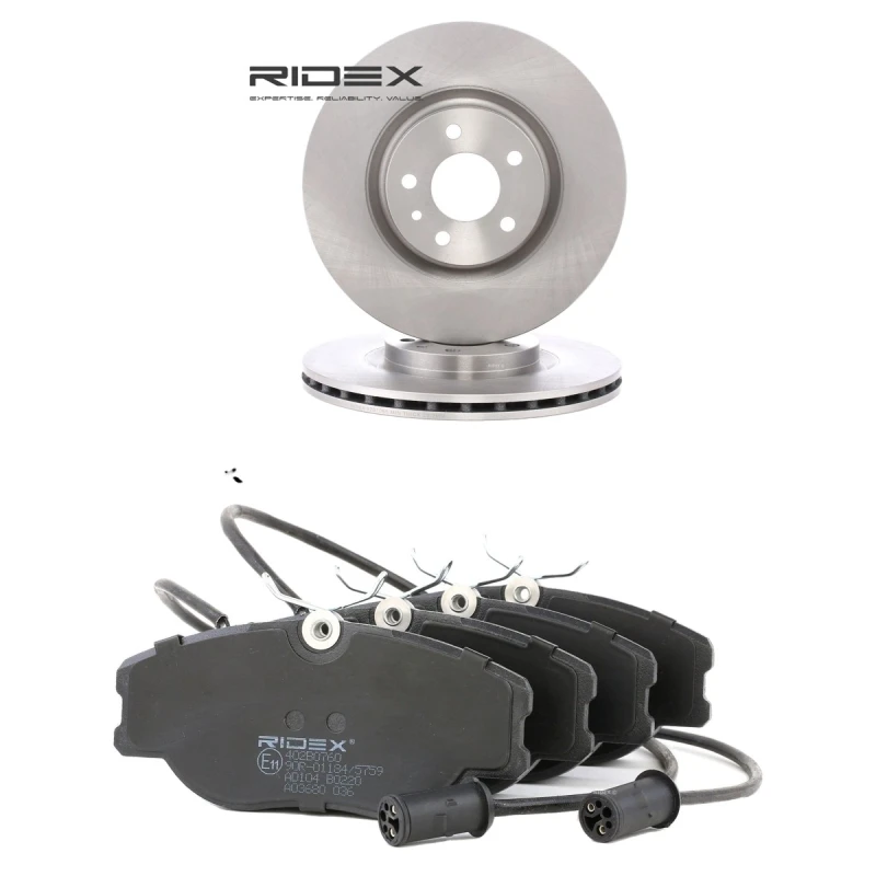 Image of RIDEX 3405B2787 Brake disc and pads set Front Axle, Brake Disc Type: internally vented, incl. wear warning contact Brake Set,disc brakes (3405)