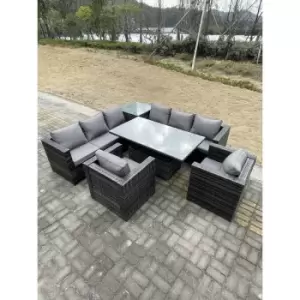 Image of Fimous 8 Seater Outdoor PE Rattan Lounge Complete Sofa Set with Rising Adjustable Dining Table High Side Coffee Table 2 Armchairs
