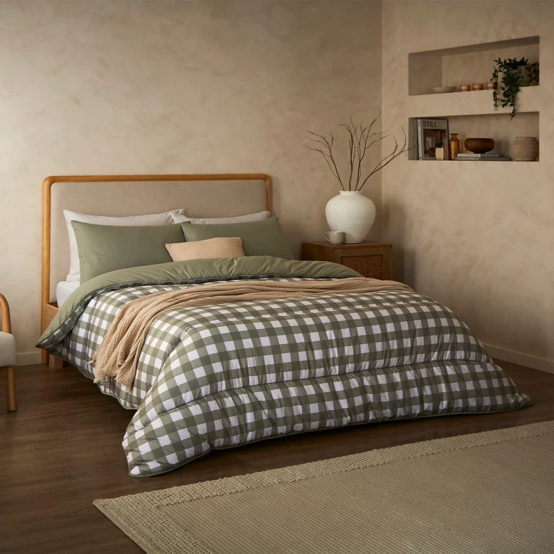 Image of Night Lark by Fine Bedding Company Gingham Coverless Duvet Set, 10.5 Tog, Double, Olive
