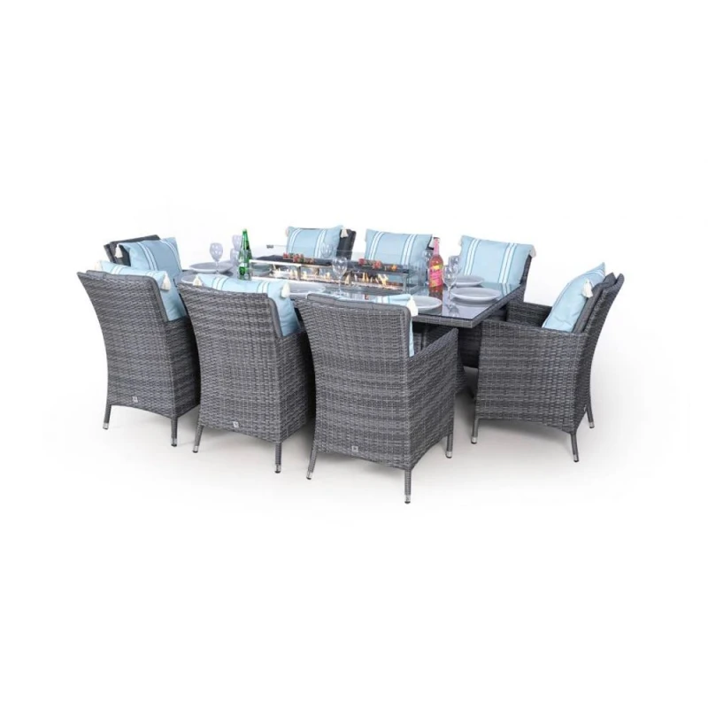 Image of Thats Furniture Savannah Fire Pit 8 Seater Rectangle Rattan Dining Set in Grey Grey Unisex