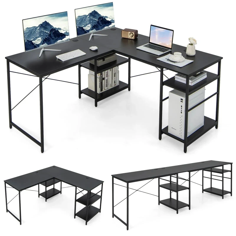 Image of COSTWAY L-Shaped Corner Computer Desk Study Writing Desk Home Office Workstation with Storage Shelf Black