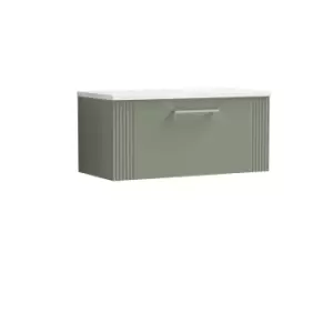 image of Nuie Deco 800mm Wall Hung Single Drawer Vanity & Sparkling White Laminate Top - Satin Reed Green