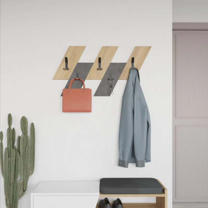 Image of Decortie Modern Livy Wall-Mounted Hanger Oak Retro Grey Engineered Wood Geometric Shape 5 Black Metal Hook 75.2(W)X1.8(D)X45.3(H)