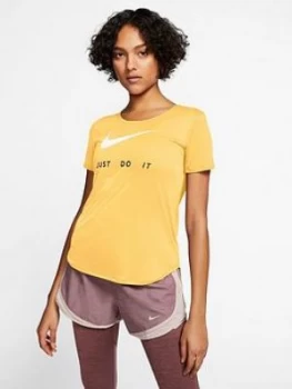 Image of Nike Running Swoosh T-Shirt - Topaz Gold , Topaz Gold, Size XS, Women