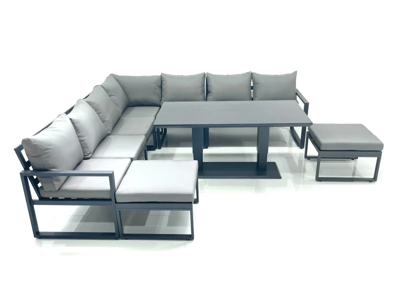 Image of Fimous 9 Seater Outdoor Aluminum Garden Furniture Set Corner Sofa 2 Big Footstools Adjustable Rising Lifting Dining Table Sets Dark Grey Dark Grey Uni