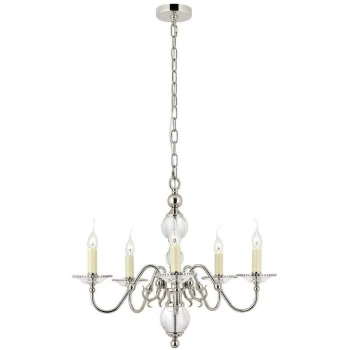 Image of Interiors - 5 Light Multi Arm Ceiling Pendant Chandelier Polished Nickel, Clear Crystal, E14