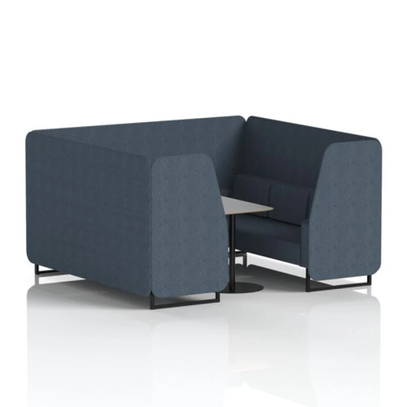 Image of Brixworth 6 Seater Office Booth with Front Panel - Black Legs and Grey Table with Black Leg in Rivet Fabric - Crucible Panels and Sofa