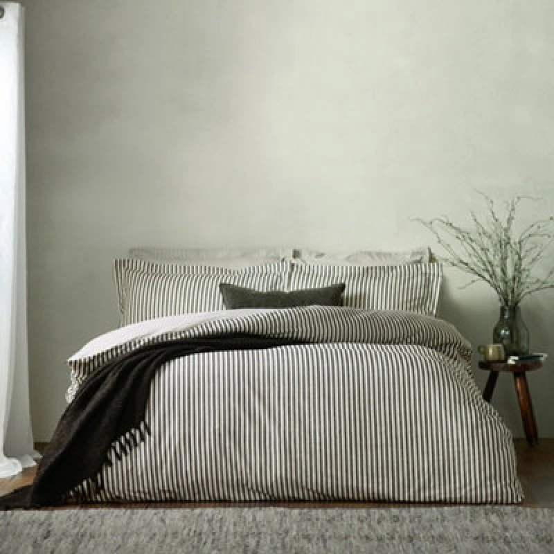 Image of Yard Hebden Striped Cotton Duvet Cover Set, Black, Super King