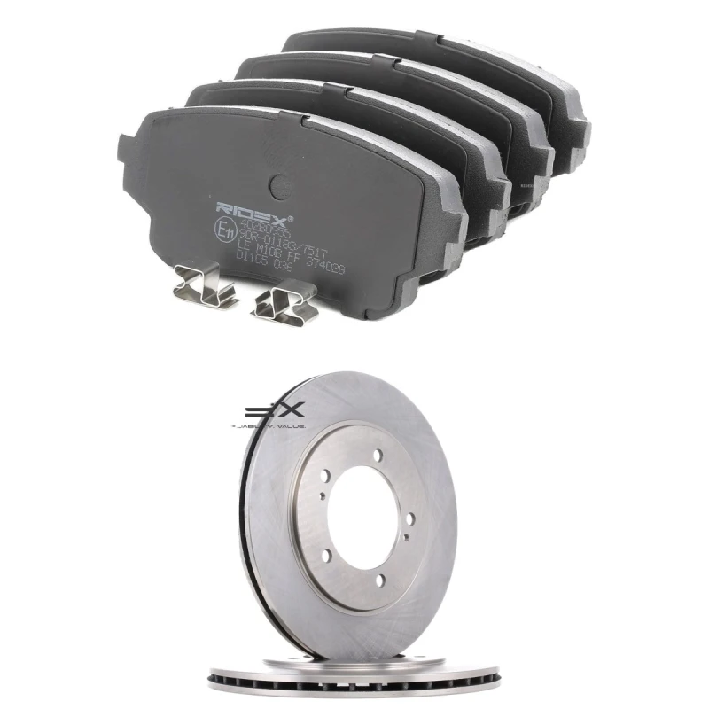 Image of RIDEX 3405B3280 Brake disc and pads set Front Axle, Brake Disc Type: internally vented, with acoustic wear warning Brake Set,disc brakes (3405)