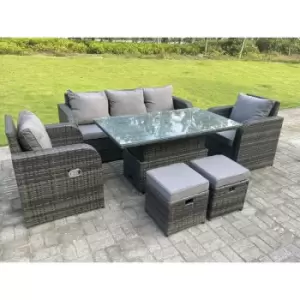 Image of Fimous 5 Seater Outdoor Dark Grey Mixed Rattan Lounge Complete Sofa Set with Adjustable Dining Table and2 Big Footstools
