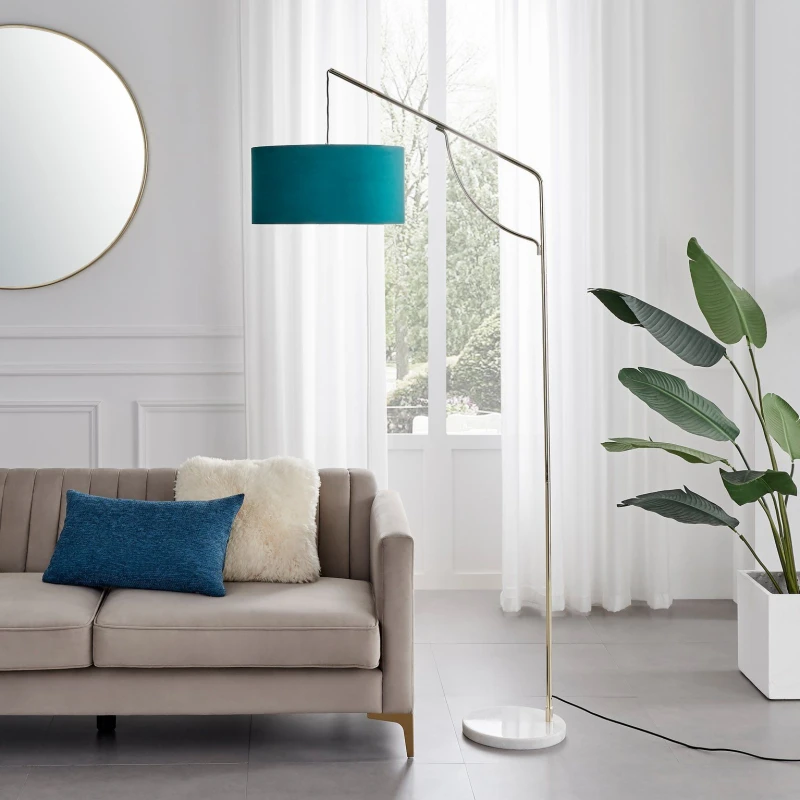 Image of FurnitureboxUK FurnitureboxUK Danielle Art Deco Arc Lamp In Brass Plate With Teal Velvet Shade and Marble Base in Gold Gold One Size Unisex 5056542694