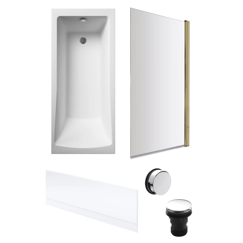 Image of Balterley Square Bath, Brushed Brass Screen, Front Pane, Chrome Waste 1700x700mm Silver