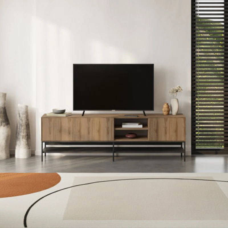 Image of Decortie Amira 180Cm Modern TV Stand, Entertainment Centre With Metal Legs & Push-To-Open Doors Whiskey Oak-Black Wood