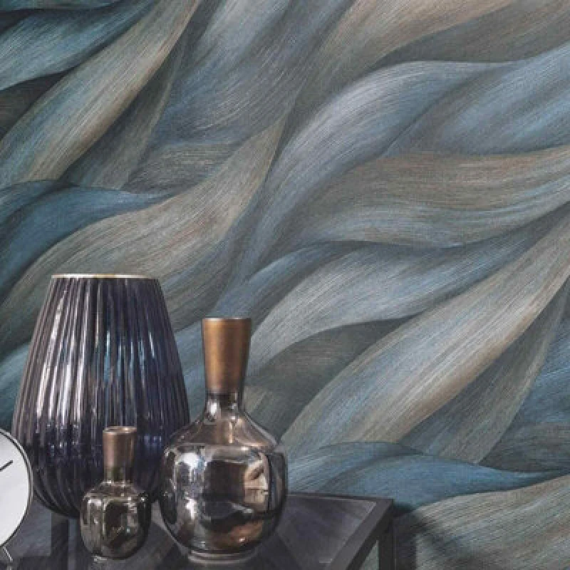 Image of Erismann Casual Chic Leaf Waves Nature Leaves Motif Metallic Textured Wallpaper Blue Dark Green 10257-08
