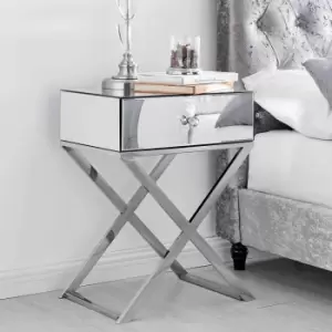 Image of Furniture Box Celeste Mirrored Contemporary Stylish Bedside Table With 1 Drawer Chrome Legs