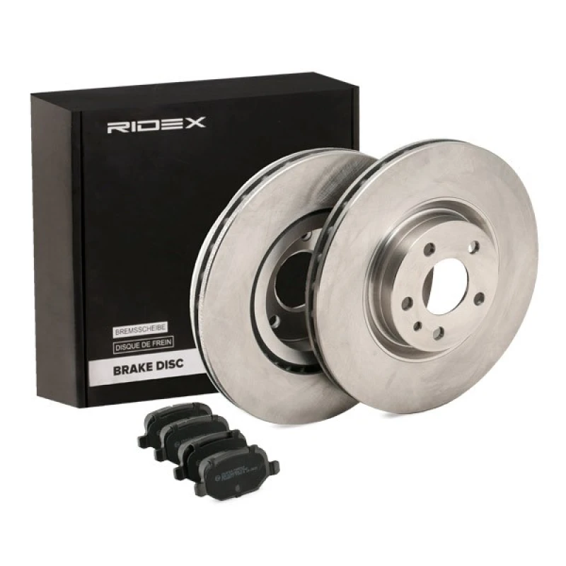 Image of RIDEX 3405B1501 Brake disc and pads set Rear Axle, Brake Disc Type: internally vented, not prepared for wear warning indicator Brake Set,disc brakes