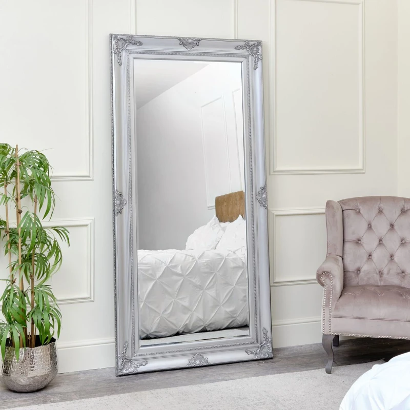 Image of Melody Maison Extra Large Ornate Silver Wall/Leaner Mirror 100cm X 200cm Silver