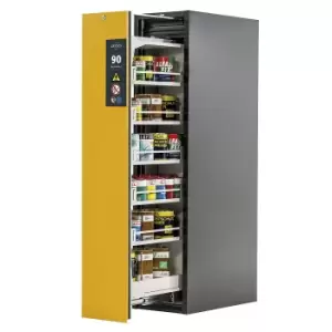 image of asecos Type 90 fire resistant vertical pull-out cabinet, 1 drawer, 5 shelves, grey/yellow