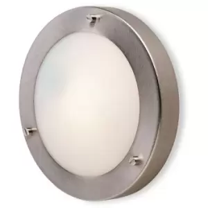 image of Rondo - 1 Light Wall / Flush Ceiling Light Brushed Steel, Opal Glass IP54, G9 - Firstlight