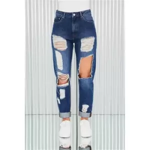Image of I Saw It First Dark Wash Multi Rip Mom Jean - Blue