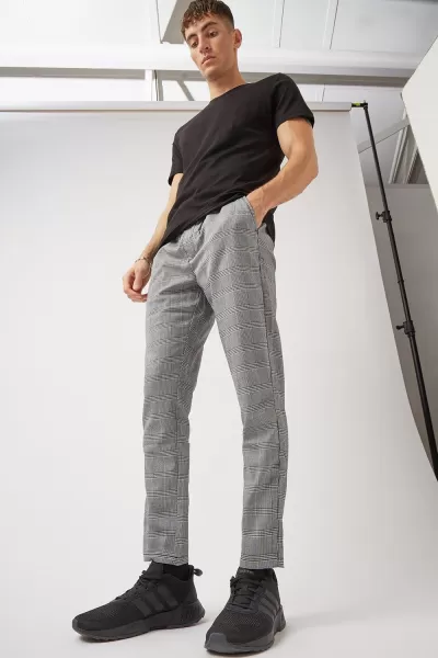 Image of Mens Slim Dark Grey Check Pull on Trousers