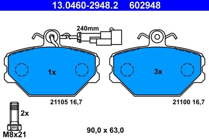 Image of ATE 13.0460-2948.2 Brake pad set incl. wear warning contact, with brake caliper screws Brake Pad Set,disc brake (402)