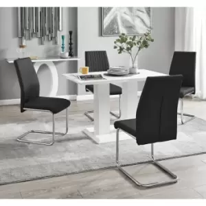 Image of Furniturebox UK - Furniturebox Imperia 4 High Gloss White Modern Dining Table And 4 Black Lorenzo Chrome Faux Leather Faux Leather Dining Chairs