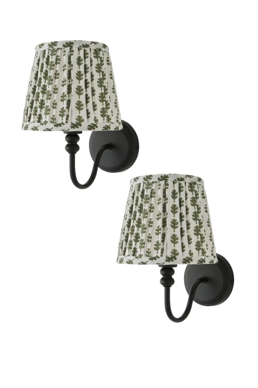 Image of ValueLights Binky Pair of Rechargeable Black Wall Lights & Floral Pleated Shades in Pale Green Pale Green Unisex